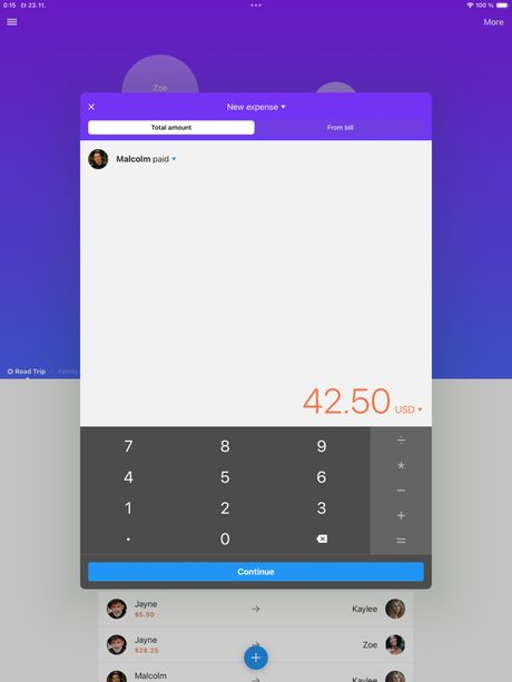 Settle Up expense screen