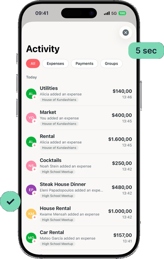 Activity feed showing expenses added in seconds