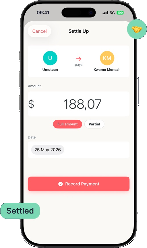Settle up screen recording a payment in one tap