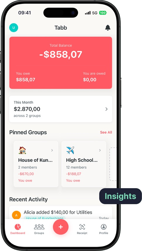 Dashboard showing total balance, monthly spend and pinned groups
